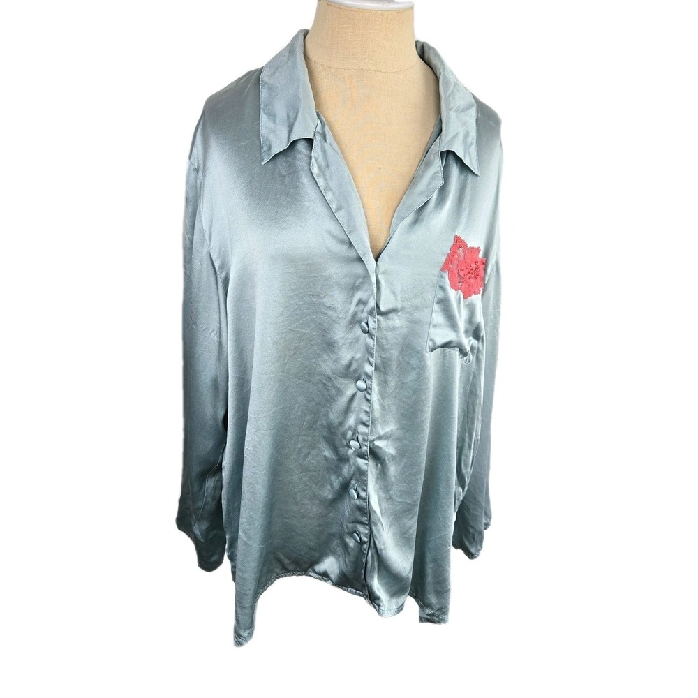 Jacalyn Bennett For Frederick's Of Hollywood Vtg‎ Blue Silk Shirt Size XL Lace